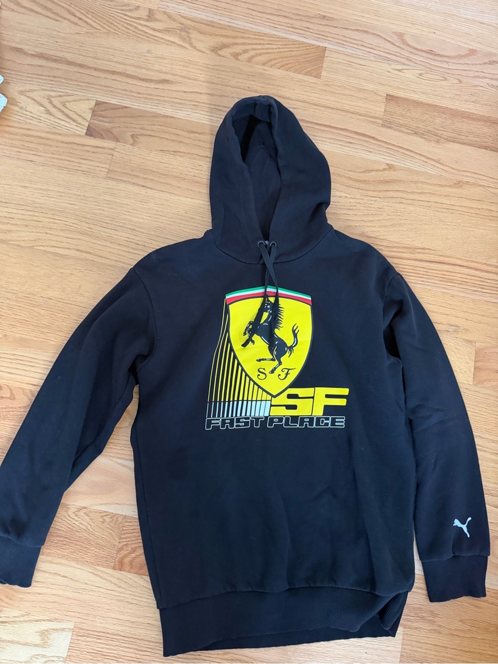 Puma Black Hooded Sweatshirt with Yellow Shield Graphic